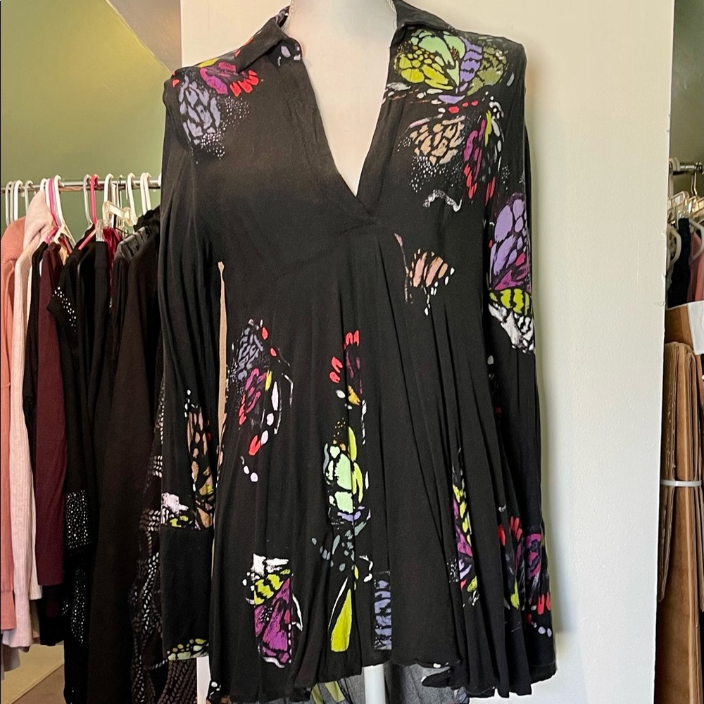 Free People Abstract Butterfly V-Neck Tunic S